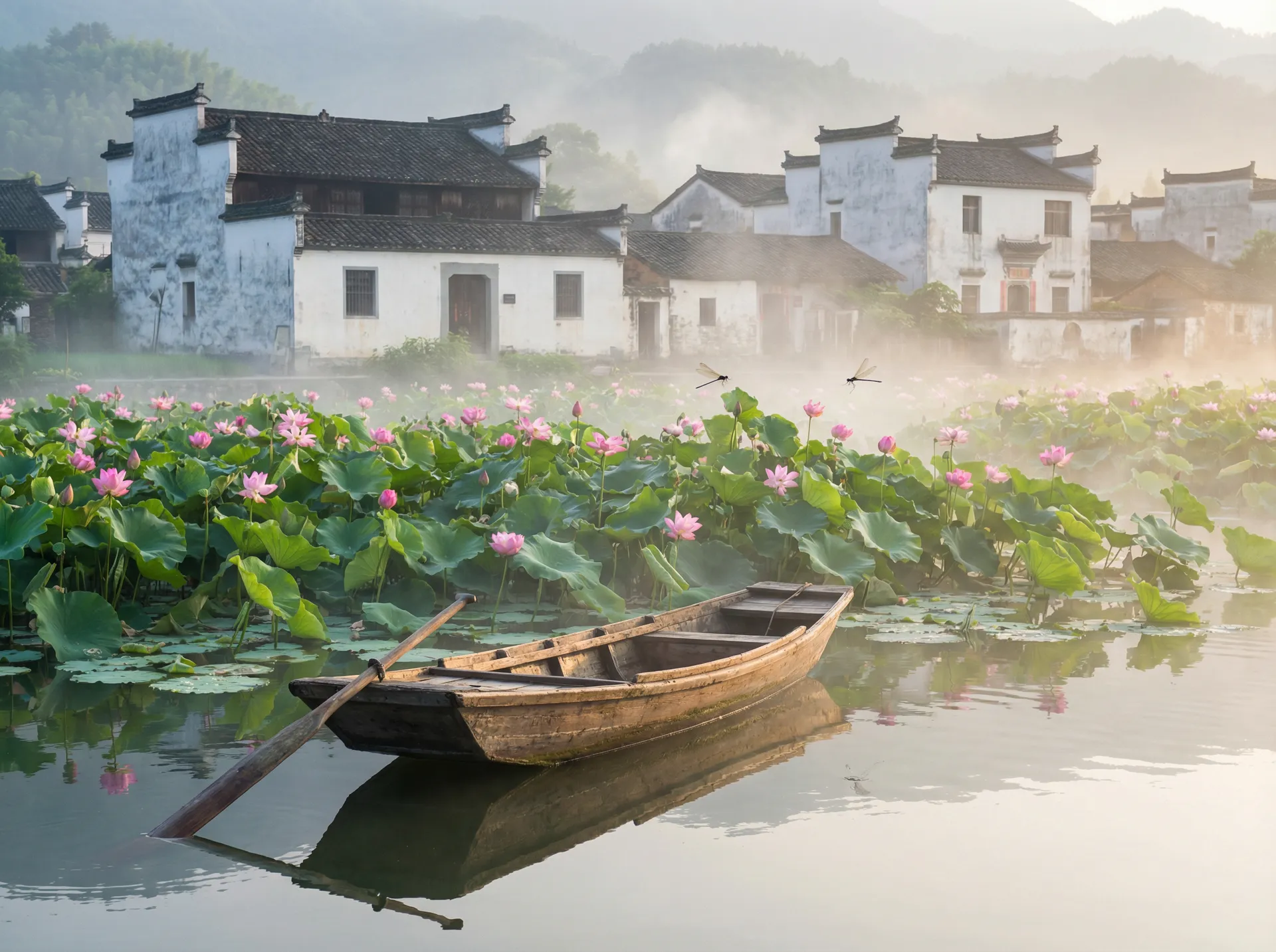 清晨荷塘小舟，粉色荷花盛开，白墙黑瓦的村庄 - 波霸影院 水乡风情